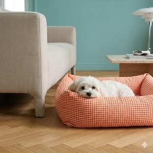 Hondenmand Oranje Vichy | Hondenbank met ruitjespatroon | Wasbare hondenmand | Luxe hondenmand | Kleine tot middelgrote hondenmand | Handgemaakt hondenbed Italië