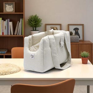 sac, porte-bébé, chien de petite/moyenne taille, coton rayé urbain, vert et blanc, confortable, lavable, fait main, pour les voyages, la vie urbaine