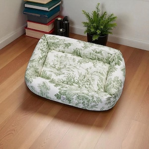 soffa, lyxig hundbädd, Panama bomullstyg, Toile de Jouy-tryck, grön, tvättbar, handgjord, urban livsstil, Italienskt handgjord, kompakt