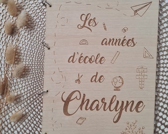 Livre carnet album, couverture en bois, gravé personnalisé personnalisable pour la rentrée scolaire