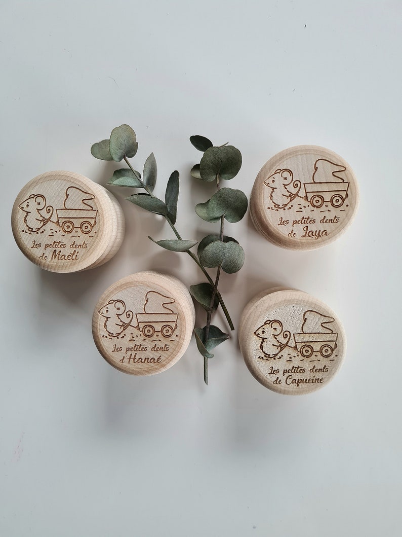 K&ouml;nnte beinhalten: Vier Holzkisten mit einem Maus- und Wagenmotiv. Jede Kiste tr&auml;gt einen anderen Namen: Laya, Ma&euml;li, Hana&euml; und Capucine. Die Kisten stehen auf einer wei&szlig;en Oberfl&auml;che mit gr&uuml;nen Bl&auml;ttern.