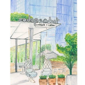 May include: A watercolor painting of a cafe called "codependent" with the words "cocktails + coffee" underneath. The cafe has a large window and two hanging chairs with cushions. There are potted plants and a table with chairs outside the cafe.