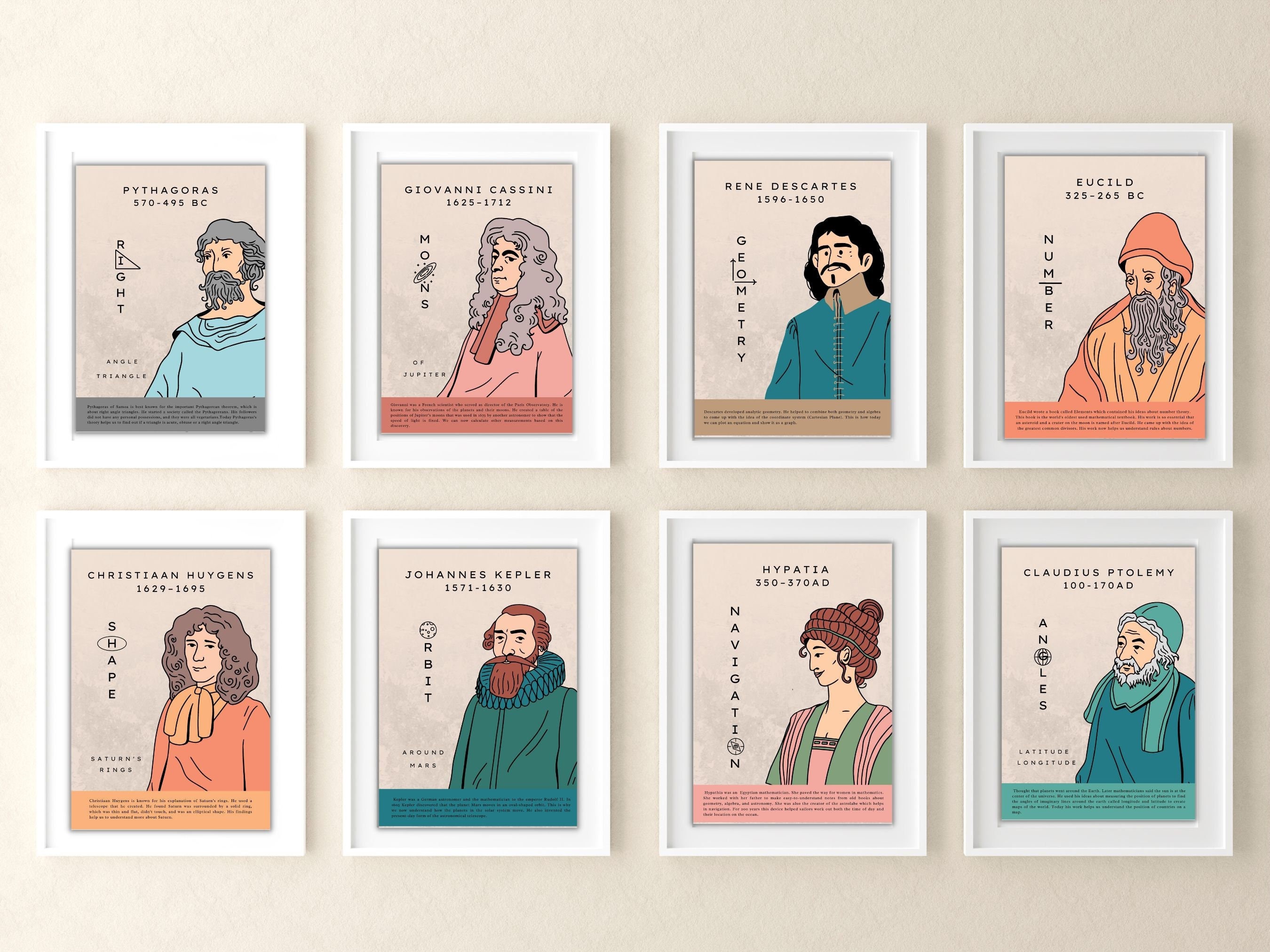 Famous Mathematicians Posters , Set of 8 Wall Prints