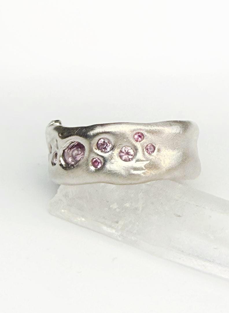 Matte Finish Molten Ring With Pink Sapphires, Sterling Silver Melt Ring ...