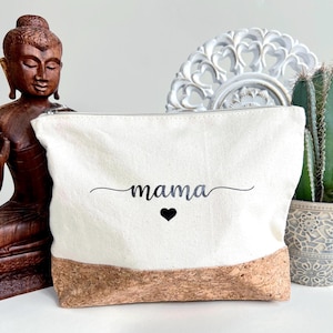 Personalisierte Kosmetiktasche Mama mit Herz - Geschenk Muttertag - Schminktasche Baumwolle & Kork - Kulturbeutel - Geschenk für Mama