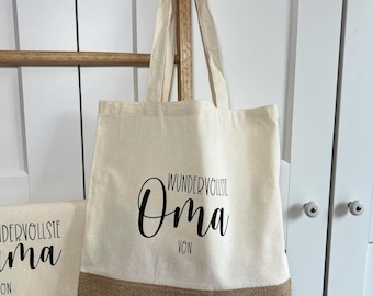 Personalized cotton tote bag “Most wonderful grandma of…” | Jute bag with grandchild's name & hearts | Mother's Day gift | Grandma tote bag