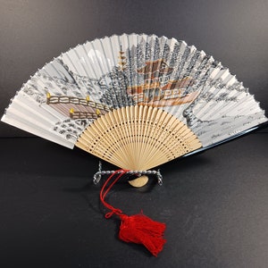 Handcrafted Wooden Folding Hand Fan - Vintage Hand Fan with Original Box - Vintage Hand Fan- Pagoda and Bridge Design- Hand-Painted