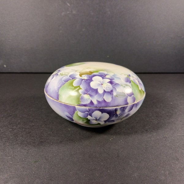 Limoges Trinket Dish- Vintage W.G & Co. France  Round Lidded Trinket Box - Purple and Green with Delicate Floral Motif Dresser Box- As-Is