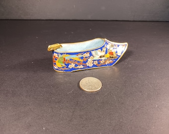 Vintage Cloisonné Shoe-Shaped Ash Tray - Hand-Painted Flower & Bird Design-Unique Gift