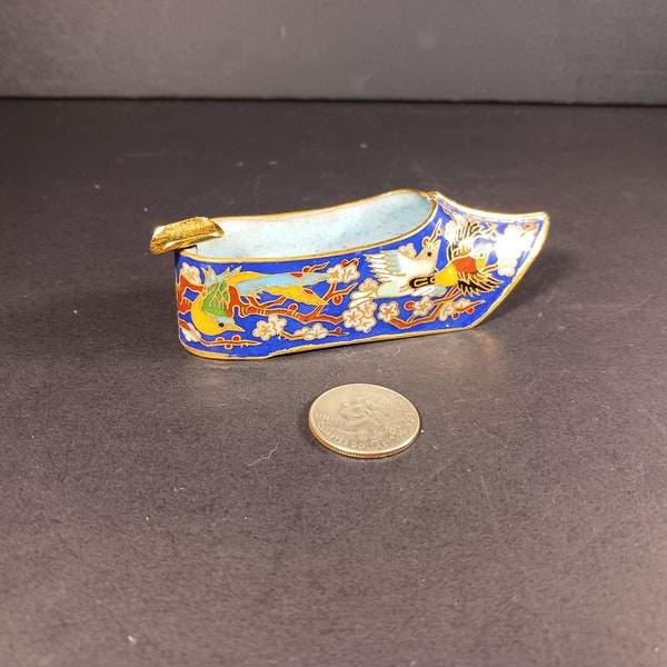 Vintage Cloisonné Shoe-Shaped Ash Tray - Hand-Painted Flower & Bird Design-Unique Gift