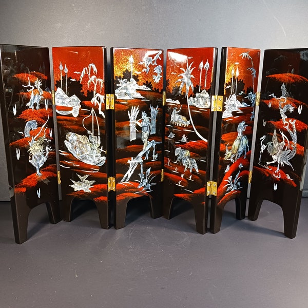 6 Panel Chinese Divider -Folding Screen- Handcrafted Chinese Decor-Lacquered Wood Mini Table Screen - Dual Sided Design Folding Screen-As-Is