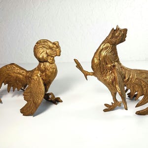 4&quot; Pair of Vintage Solid Brass Fighting Roosters- Stamped Japan- Intricate Stamped Feathers- Decorative Figurines- McM Brass Home Decor