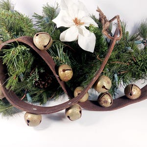 Sleigh Bells On Original Leather Strap – 35&quot; Long –Vintage Christmas Door Hanger - Festive Home Decor- Rusty Bells