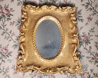 Vintage Ornate Plastic Frame Gold Oval Mirror Baroque Style Wall Decor