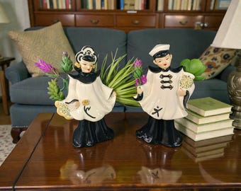 Vintage Red Chalkware Asian Figurines, Mid Century Chinoiserie