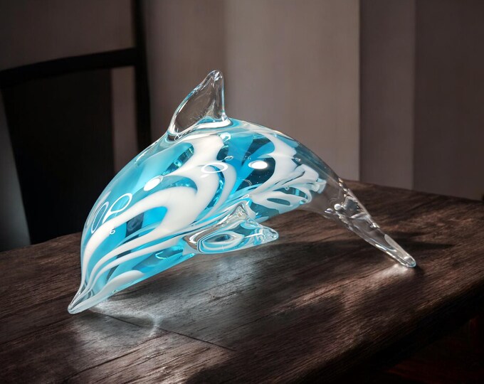 Image showcasing Hand Blown Art Glass Dolphin Figurine Blue and White Swirl Ocean Decor ...