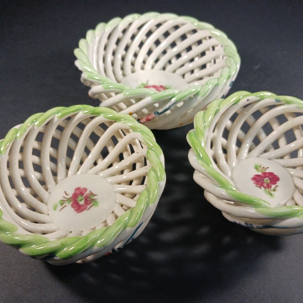 Set of 3 Vintage Basket Weave Ceramic Bowls- Made in Spain Candy Dish- Ceramic Ring Dish- Lattice Weave Bowl- Hand-Painted Ceramic Bowl