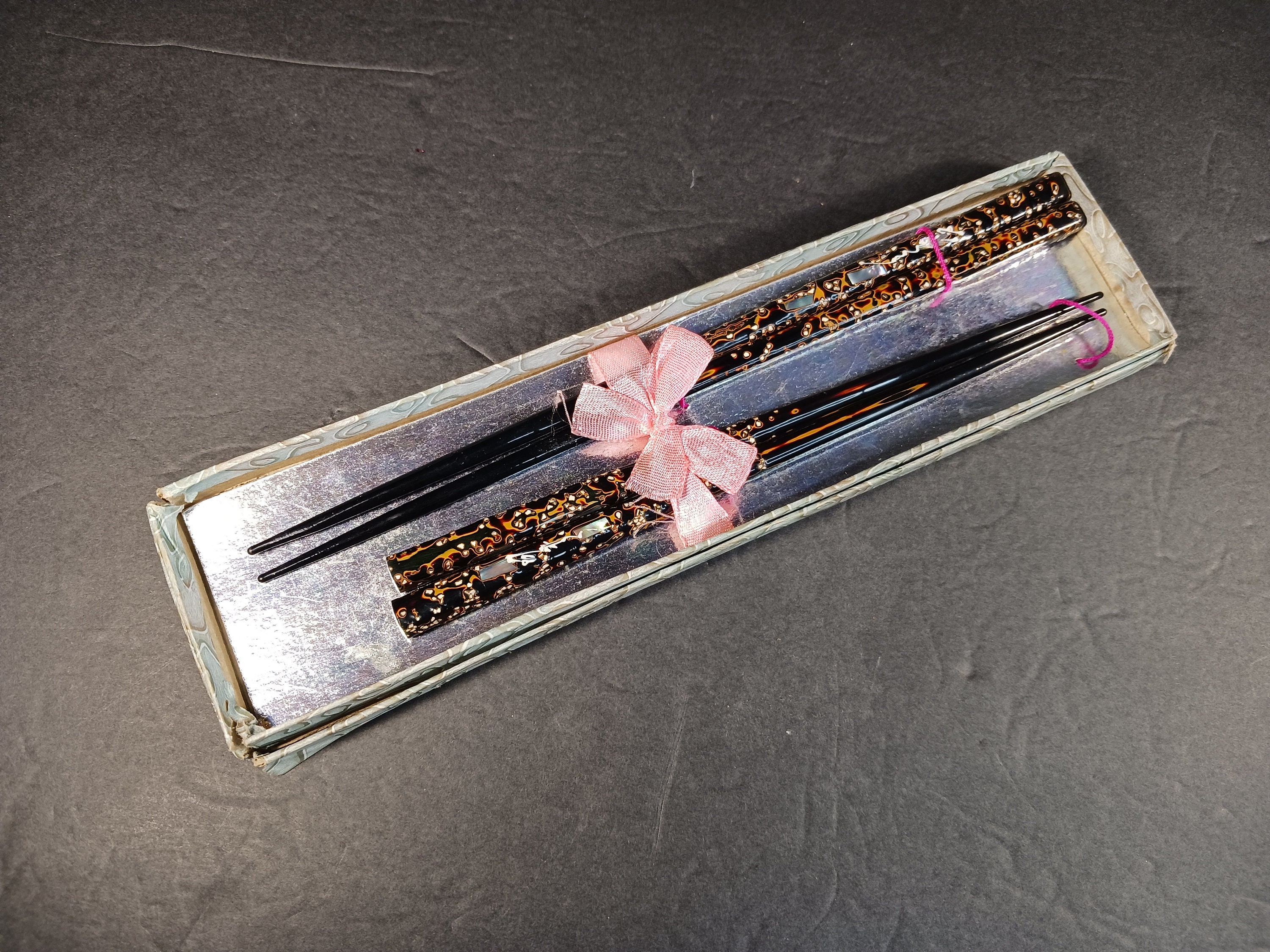 Vintage Wooden Speckled Chop Sticks Wooden Box Mother of Pearl Inlay