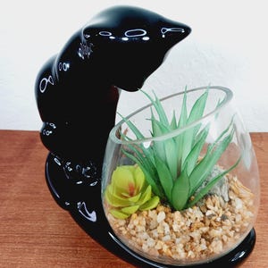 May include: A glossy black ceramic cat figurine attached to a clear glass bowl. The bowl contains light brown gravel, a small green succulent, and a larger spiky green plant. The cat is positioned as if looking down into the glass container.