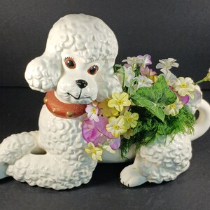 Chic Vintage White Poodle Vase with Brown Collar - Mid Century Kitsch Decor, Atlantic Mold Ceramic Style