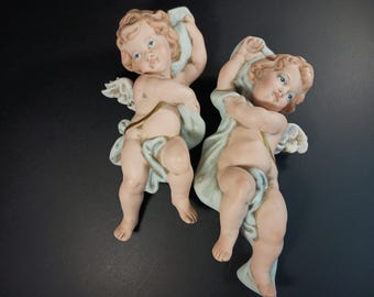 Pair of Vintage Eleanore Ceramic Victorian Cherub Wall Hangings - Elegant Angel Decor-Hand Painted Winged Cherub Angel - Religious Wall Art