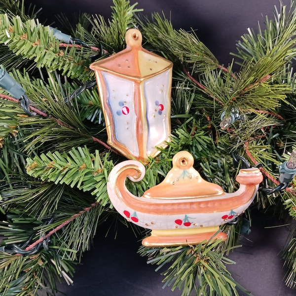 Vintage Veneto Flair Porcelain Christmas Tree Ornaments - Made in Italy, 1977 - Genie Lamp and Lantern Designs- original box