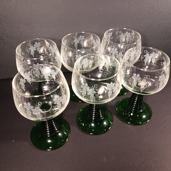 Vintage Wine Glasses-  Roemer 6 Green Wine Glasses Etched Grapes Beehive Stems- Housewarming Gift- Vintage Barware