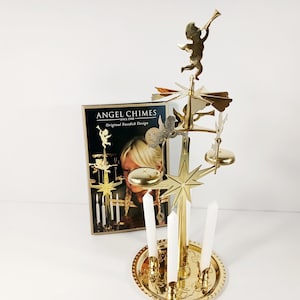 Swedish Angel Chimes – Vintage Gold Brass Christmas Carousel with 4 Unused Candles – Original Box – Holiday Decor- Vintage Christmas Decor