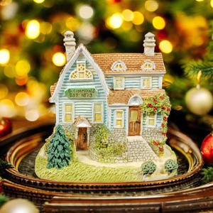 May include: A miniature, detailed model of a house with a light blue exterior, brown roof, and stone accents. The house has a sign that reads "B. Cummings EST 1873". The model is surrounded by greenery and sits on a decorative plate.