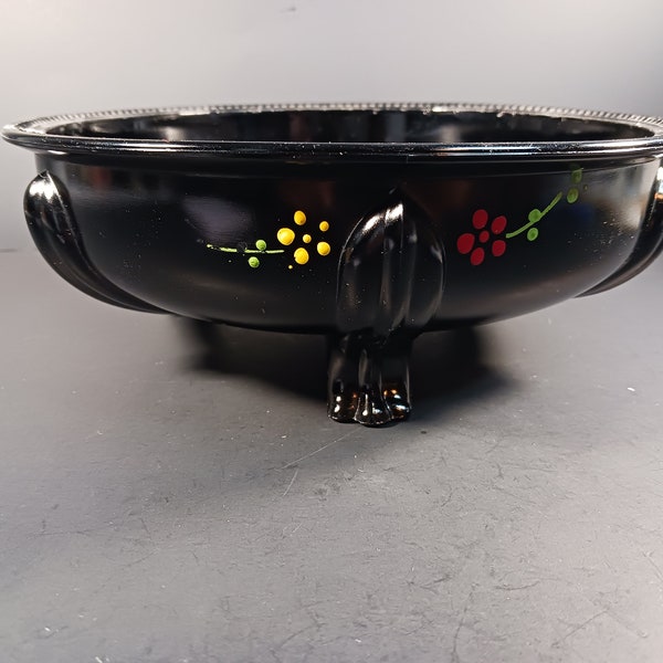 Vintage Black Glass Entryway Bowl-Art Deco Black Amethyst Footed Bowl - Elegant Centerpiece - Halloween Decor- Unique Gift- As-Is
