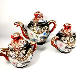 Hand Painted Japanese Dragon Tea Set- Moriage Dragon Tea Set- Asian Inspired Decor- Sugar Bowl, Creamer and Teapot- Tea Lovers Gift