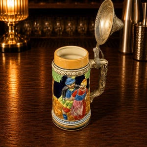 May include: A ceramic beer stein featuring a raised, colorful relief of two figures in traditional attire. The stein has a hinged metal lid, an ornate handle, and a dark blue background with green foliage accents and a tan rim.