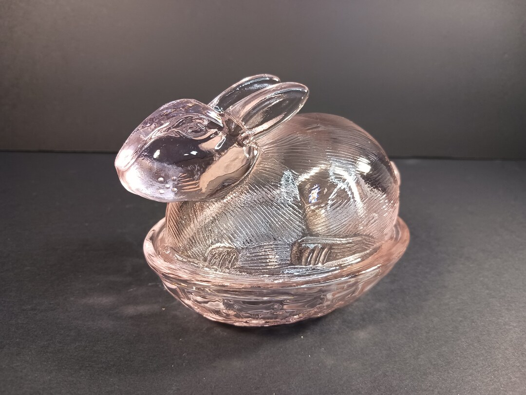 Pink Rabbit on Nest Candy Dish Basket Weave Design Bowl 5 Long by 3 ...