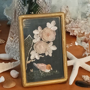 Vintage Art- Chinese Shell Art Shadowbox with Shell Flower Bouquets and Shell Bird- Unique Gift- Gift for Her- Housewarming Gift