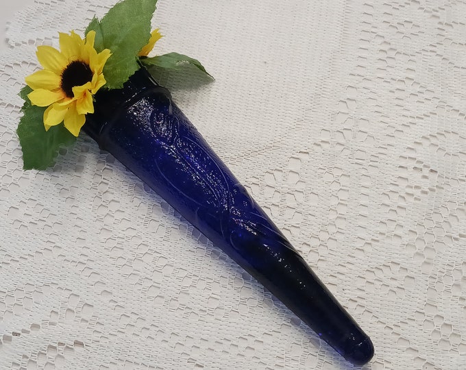 Antique Cobalt Blue Glass Car Bud Vase Bird Motif, Vintage 1900s Art