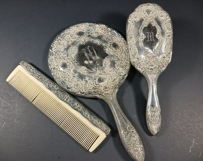 Vintage Child Size Silver Plated Dresser Set Floral Design With M