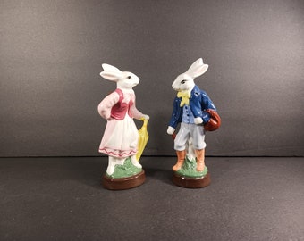 Hand Painted Easter Figurines- Dapper Anthropomorphic Rabbit Couple - Perfect for Easter or Spring Display- Unique Easter Decor- Easter Art