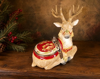 Fitz And Floyd Damask Holiday Reindeer Trinket Box Christmas Candy Dish Lid