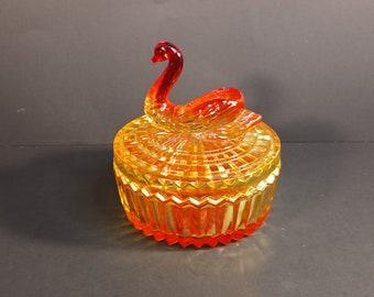 Vintage Trinket Dish- Jeanette Amberina Glass Swan Jar - Lipstick and Dusting Powder Holder - Art Glass Trinket Dish- Gift for Her