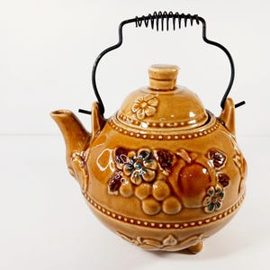 1970s Japan Majolica Teapot - Caramel Brown and Amber with Fruit Design - Farmhouse Kitchen Decor - Collectible Gift- Tea Lovers Gift