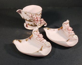 Lefton Pink Porcelain Hand-Painted Vanity Cigarette Ash Tray Set - 3D Roses, Gold Trim AS-IS- 3 1/4" Tall