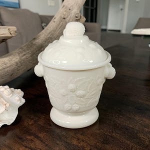 May include: A white, lidded, decorative jar with a pedestal base. The jar features a raised berry and leaf pattern. The lid has a textured knob and two small, round handles. The jar is made of opaque white glass.