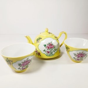Mini Canton Ware Hand-Painted Tea for Two Set - Floral Design- Tea Lover Gift- Tea Pot and Cups- Mother&#39;s Day Gift- Bridal Shower Gift