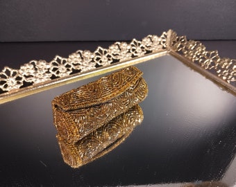 Beaded Gold Lipstick Holder with Mirror - Elegant Case for Lip Balm and Lipstick- Prom, Wedding or Formal Event Accessory