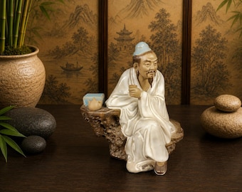 Vintage Shiwan Mud Men Figurine Seated Scholar Glazed Asian Pottery Statue