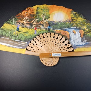 Hand Painted Wooden Folding Fan- Thai Landscape Wall Art- Vintage Hand Fan – Gift for Her -Boho Home Decor – Unique Accent Piece