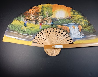 Vintage Hand Painted Wooden Folding Hand Fan - Thailand Hand Painted Landscape Hand Fan- Gift for Her- Unique Wall Art
