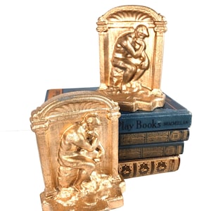 Gold ‘Thinking Man’ Cast Metal Bookends – Art Deco Style Heavyweight Sculptural Book Holders – Unique Office, Library, or Mantel Decor