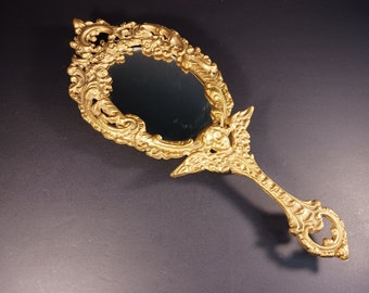 Antique Hand Mirror- Gilded Cast Iron Art Cherub Hand Mirror- Gold Tone Metal Hand Mirror- Hollywood Regency Decor- Gift for Her- Mom Gift