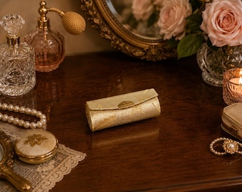 Floral Lipstick Case with Mirror: Light Beige Metallic Compact Holder